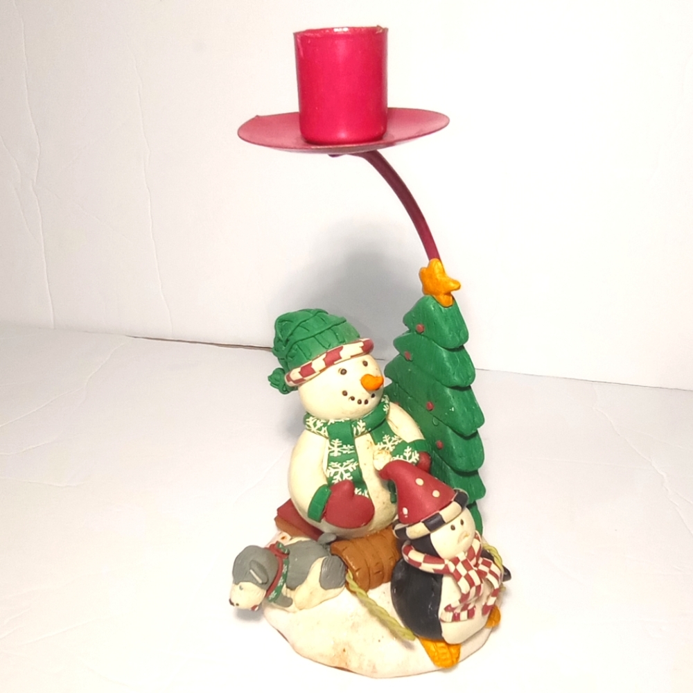 1999 Mervyn's Snowman Penguin Dog Collectible Resin Candle Holder